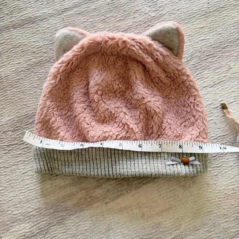 Kids Pink Plush Cat Ear Beanie Hat with Gray Trim, Size 4-6